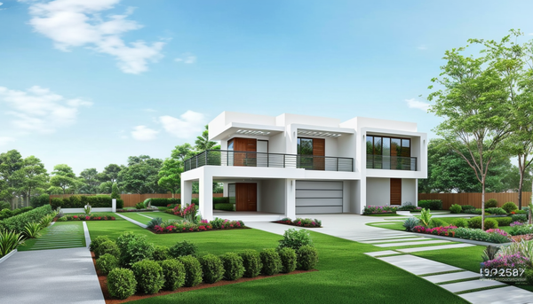 Casa moderna de dos pisos con paredes blancas y grandes ventanas. La casa presenta un diseño de techo plano, balcones en el nivel superior y una escalera externa que conduce al piso superior. El área circundante incluye un césped bien cuidado, setos y varios árboles.