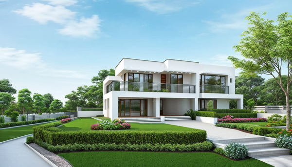 Casa moderna de dos pisos con un diseño de techo plano. La casa cuenta con grandes ventanas, un balcón en el nivel superior y un garaje adjunto para dos autos. La fachada es predominantemente blanca con algunos acentos grises. 